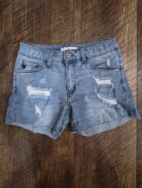 Womens Kancan Distressed Stretch Denim Cut Off Raw Hem Shorts 26" Waist